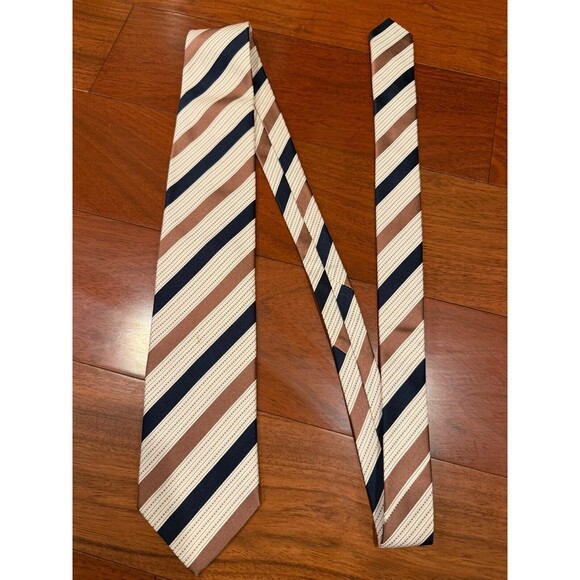 Ermenegildo Zegna Slant Stripe Silk Tie Cream, Brown, Black Dotted 3.5”W x 58"L - Picture 2 of 9